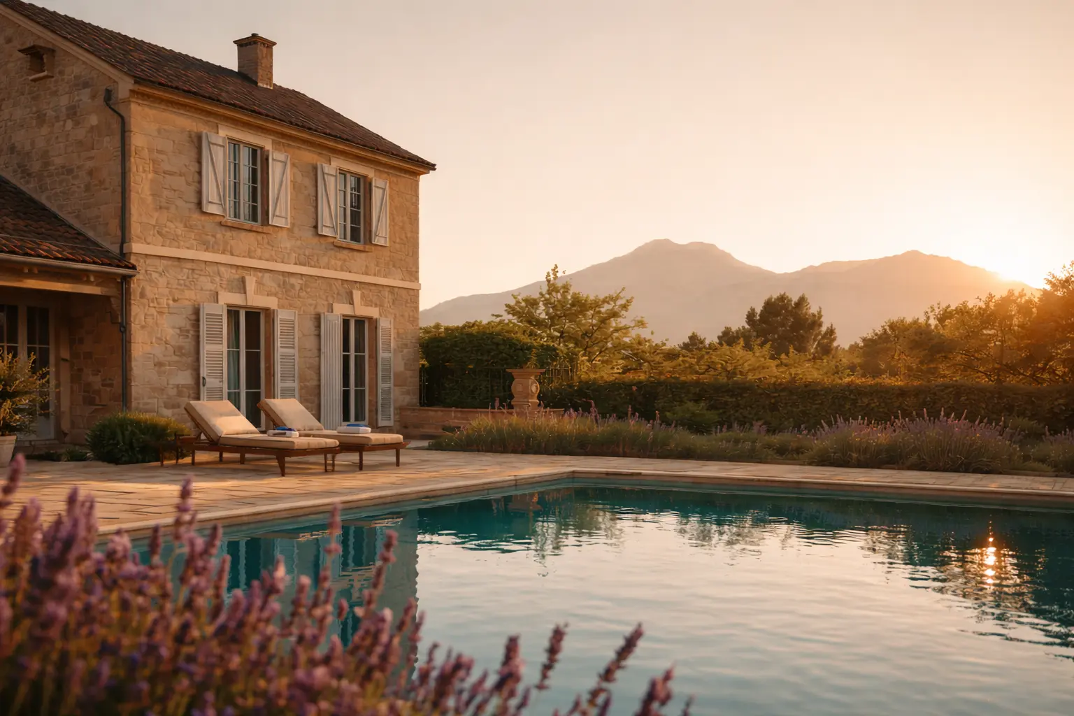 Bastide en pierre et piscine face à la montagne, au coucher du soleil