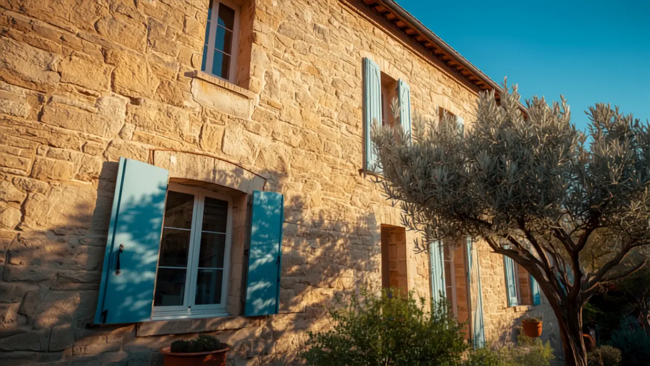 Façade d'une villa provençale en pierre sous le soleil d'été, volets bleus entrouverts et jardin d'oliviers