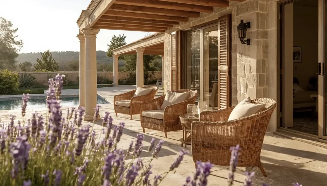 Terrasse couverte d'une résidence en pierre, fauteuils en rotin et lavande